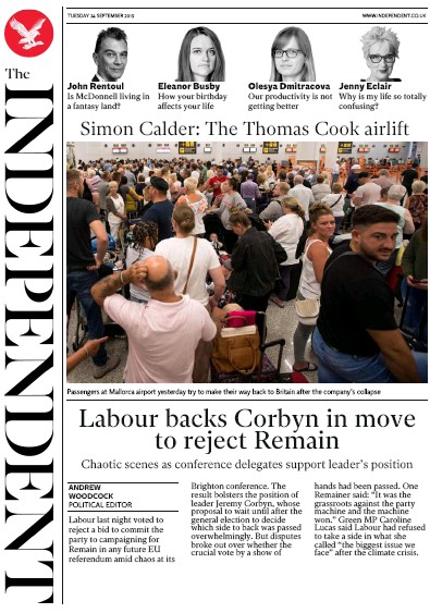 The Independent Newspaper Front Page (UK) for 24 September 2019