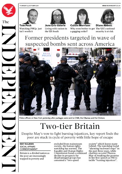 The Independent Newspaper Front Page (UK) for 25 October 2018