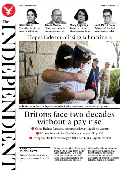 The Independent Newspaper Front Page (UK) for 25 November 2017