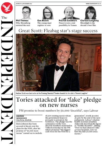 The Independent Newspaper Front Page (UK) for 25 November 2019