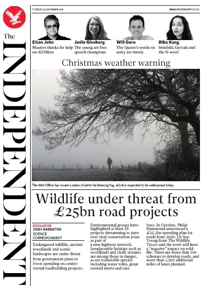 The Independent Newspaper Front Page (UK) for 25 December 2018