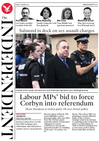 The Independent Newspaper Front Page (UK) for 25 January 2019