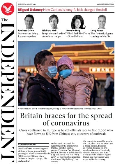 The Independent Newspaper Front Page (UK) for 25 January 2020
