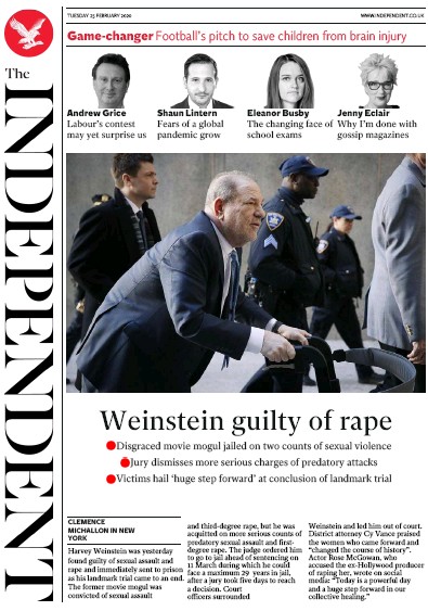 The Independent Newspaper Front Page (UK) for 25 February 2020