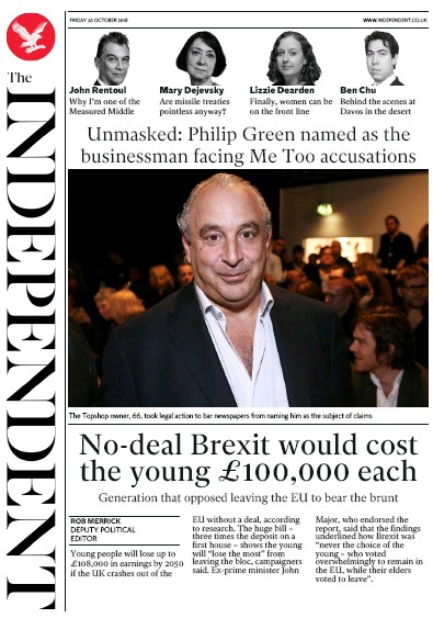 The Independent Newspaper Front Page (UK) for 26 October 2018