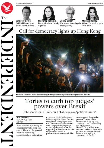 The Independent Newspaper Front Page (UK) for 26 November 2019