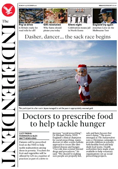 The Independent Newspaper Front Page (UK) for 26 December 2017