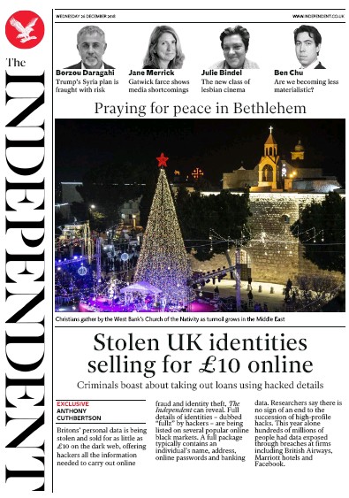 The Independent Newspaper Front Page (UK) for 26 December 2018