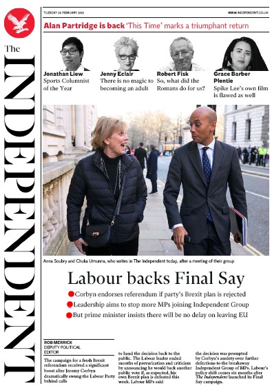 The Independent Newspaper Front Page (UK) for 26 February 2019