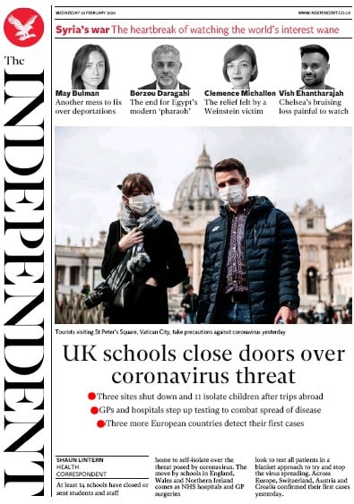 The Independent Newspaper Front Page (UK) for 26 February 2020