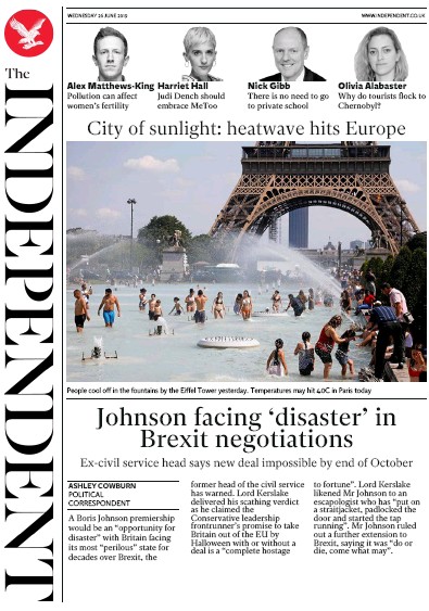 The Independent Newspaper Front Page (UK) for 26 June 2019