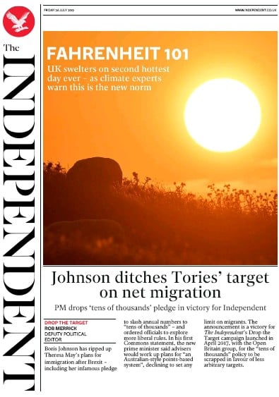 The Independent Newspaper Front Page (UK) for 26 July 2019