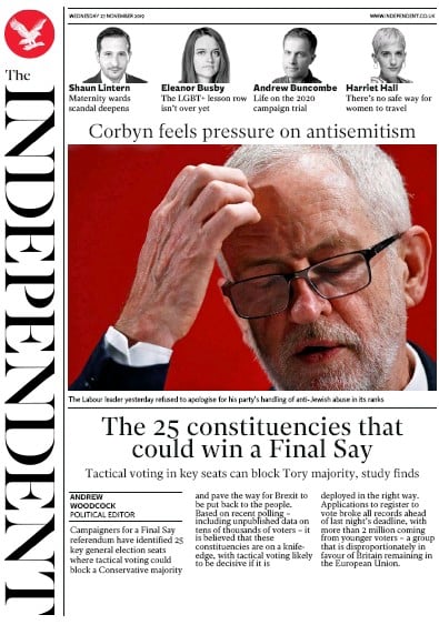 The Independent Newspaper Front Page (UK) for 27 November 2019
