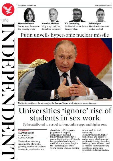 The Independent Newspaper Front Page (UK) for 27 December 2018