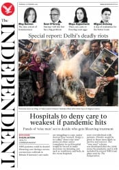 The Independent (UK) Newspaper Front Page for 27 February 2020