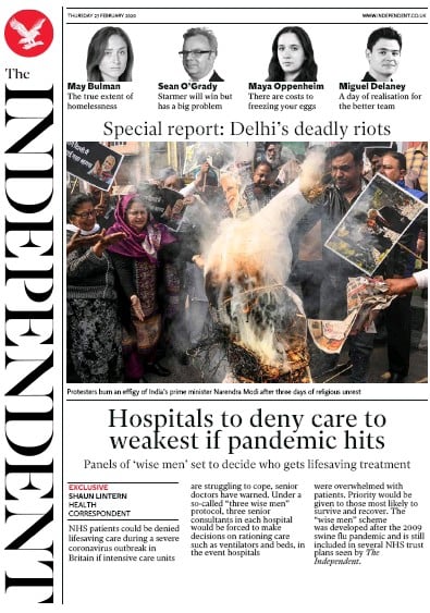 The Independent Newspaper Front Page (UK) for 27 February 2020