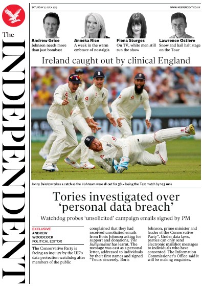 The Independent Newspaper Front Page (UK) for 27 July 2019