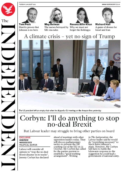 The Independent Newspaper Front Page (UK) for 27 August 2019