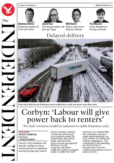 The Independent Newspaper Front Page (UK) for 28 December 2017