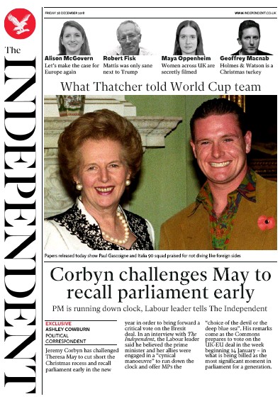 The Independent Newspaper Front Page (UK) for 28 December 2018