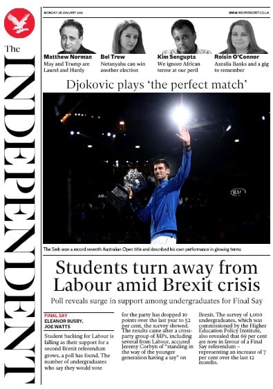 The Independent Newspaper Front Page (UK) for 28 January 2019