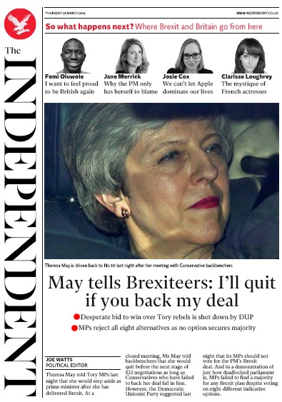 The Independent Newspaper Front Page (UK) for 28 March 2019