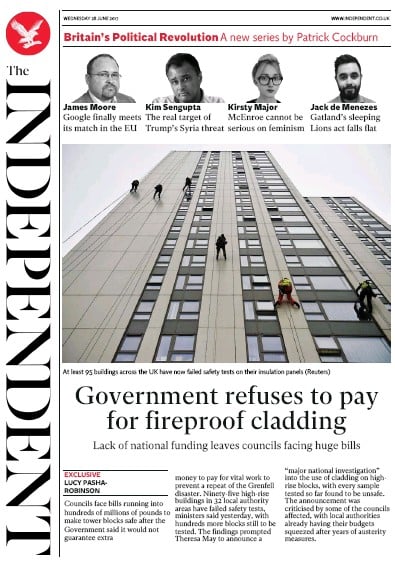 The Independent Newspaper Front Page (UK) for 28 June 2017