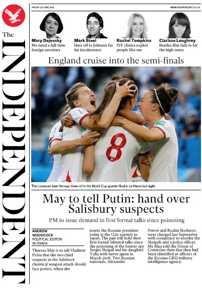 The Independent Newspaper Front Page (UK) for 28 June 2019