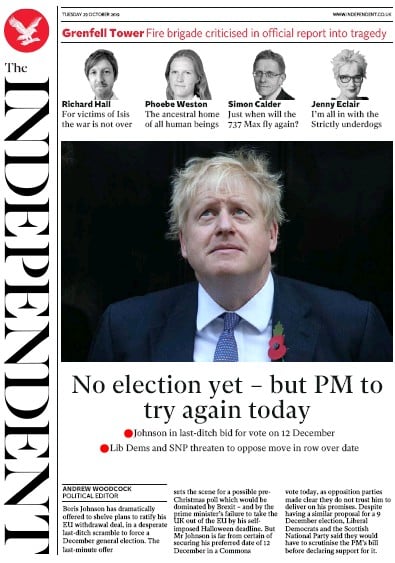 The Independent Newspaper Front Page (UK) for 29 October 2019