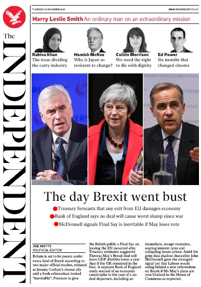 The Independent Newspaper Front Page (UK) for 29 November 2018