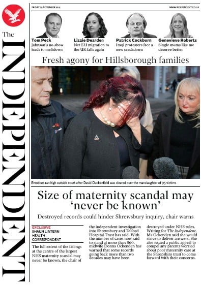 The Independent Newspaper Front Page (UK) for 29 November 2019