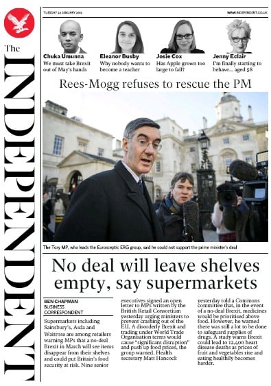 The Independent Newspaper Front Page (UK) for 29 January 2019