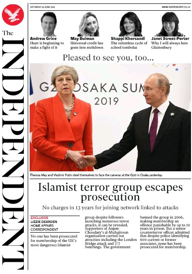 The Independent Newspaper Front Page (UK) for 29 June 2019