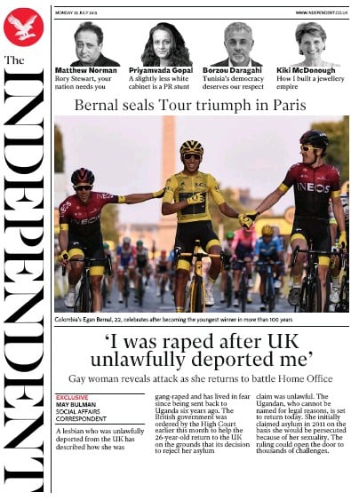 The Independent Newspaper Front Page (UK) for 29 July 2019