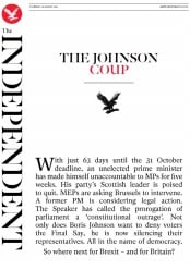 The Independent (UK) Newspaper Front Page for 29 August 2019