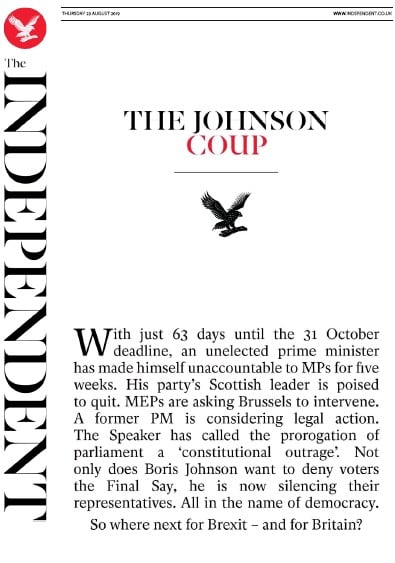 The Independent Newspaper Front Page (UK) for 29 August 2019
