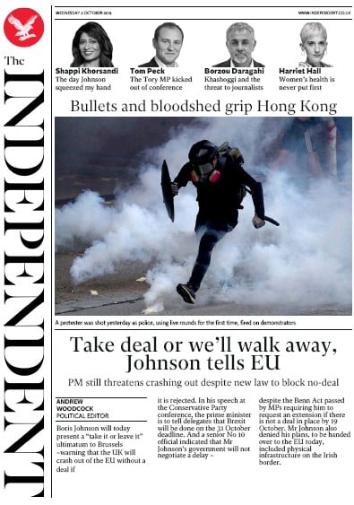 The Independent Newspaper Front Page (UK) for 2 October 2019
