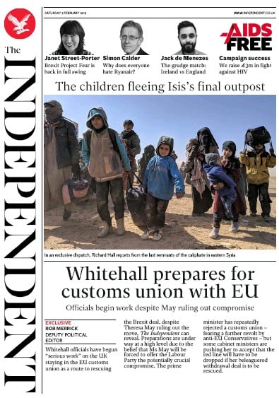 The Independent Newspaper Front Page (UK) for 2 February 2019