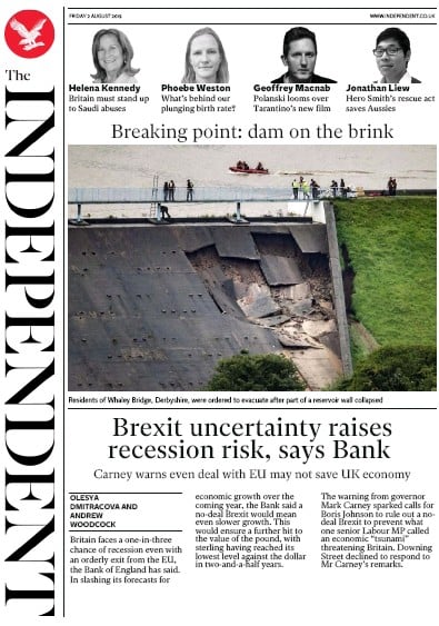 The Independent Newspaper Front Page (UK) for 2 August 2019