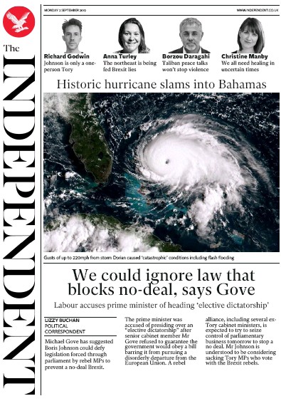 The Independent Newspaper Front Page (UK) for 2 September 2019