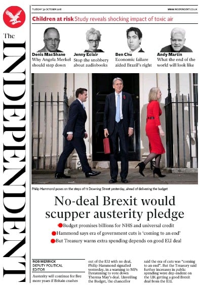 The Independent Newspaper Front Page (UK) for 30 October 2018