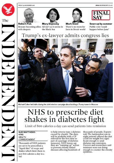 The Independent Newspaper Front Page (UK) for 30 November 2018