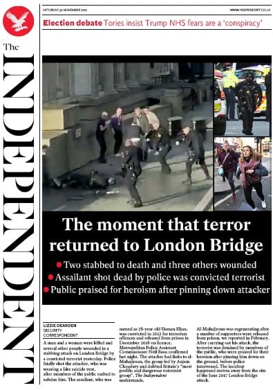 The Independent Newspaper Front Page (UK) for 30 November 2019