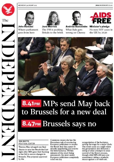 The Independent Newspaper Front Page (UK) for 30 January 2019