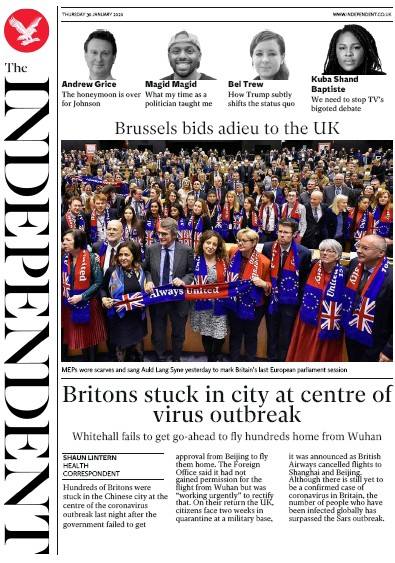The Independent Newspaper Front Page (UK) for 30 January 2020