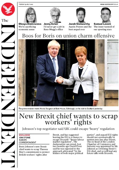 The Independent Newspaper Front Page (UK) for 30 July 2019