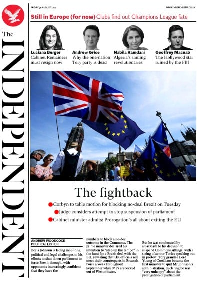 The Independent Newspaper Front Page (UK) for 30 August 2019