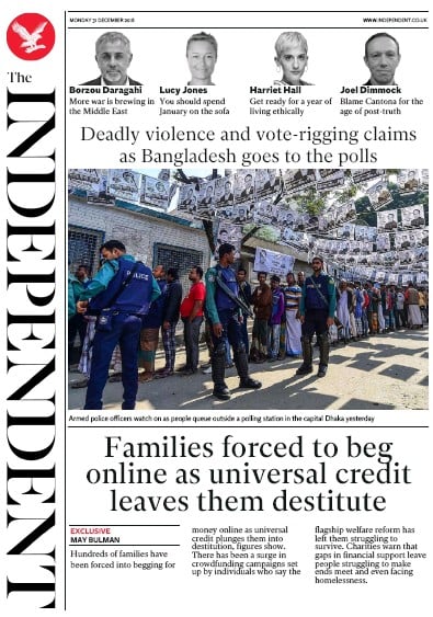 The Independent Newspaper Front Page (UK) for 31 December 2018