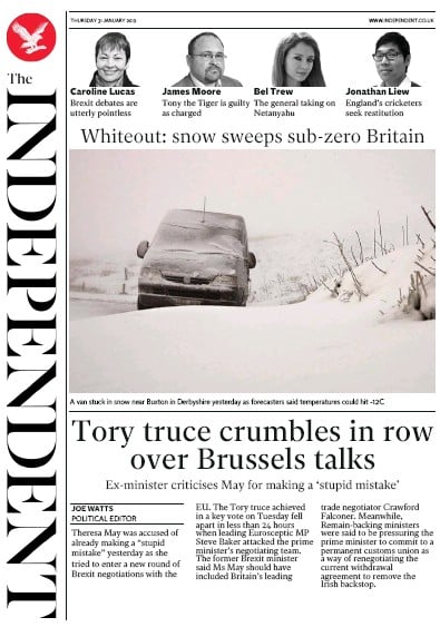 The Independent Newspaper Front Page (UK) for 31 January 2019