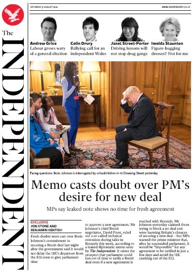 The Independent Newspaper Front Page (UK) for 31 August 2019